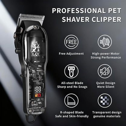 LQTⓇ Pet Electric Trimmer, Transparent Edition, Quiet Design, Wireless USB Charging, LED Digital Display. Suitable for Pets with Thick Coats.