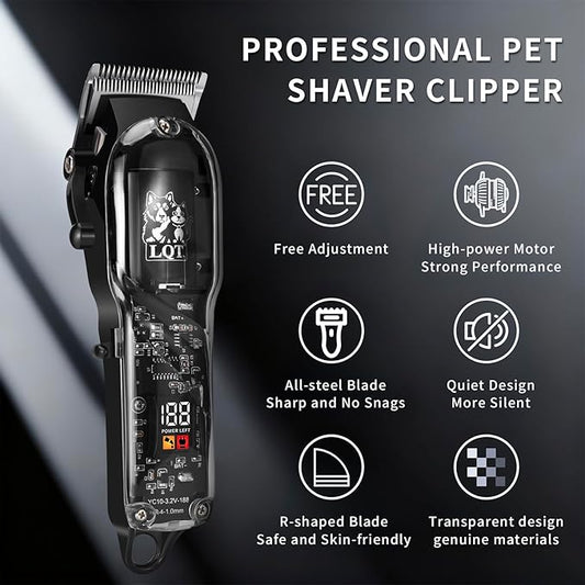 LQTⓇ Pet Electric Trimmer, Transparent Edition, Quiet Design, Wireless USB Charging, LED Digital Display. Suitable for Pets with Thick Coats.