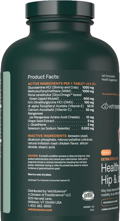 VetriScience Extra Strength Healthy Hip & Joint Chewable Tablets, GlycoFlex Glucosamine and Green-Lipped Mussel Joint Support Supplement for Dogs, Soothe Joint Discomfort, Chicken, 120 Count