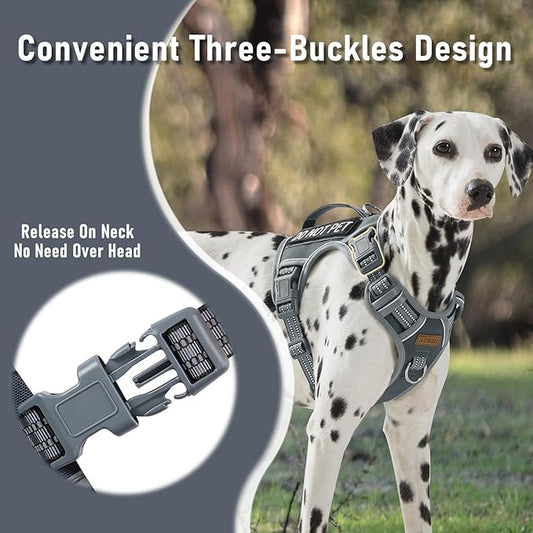 No Pull Dog Harness for Large Dogs with 2 Metal Clips, Easy On/Off with Neck Buckle, Heavy Duty Adjustable Tactical Puppy Vest, Breathable Pet Harness with Easy Control Handle, Gray L