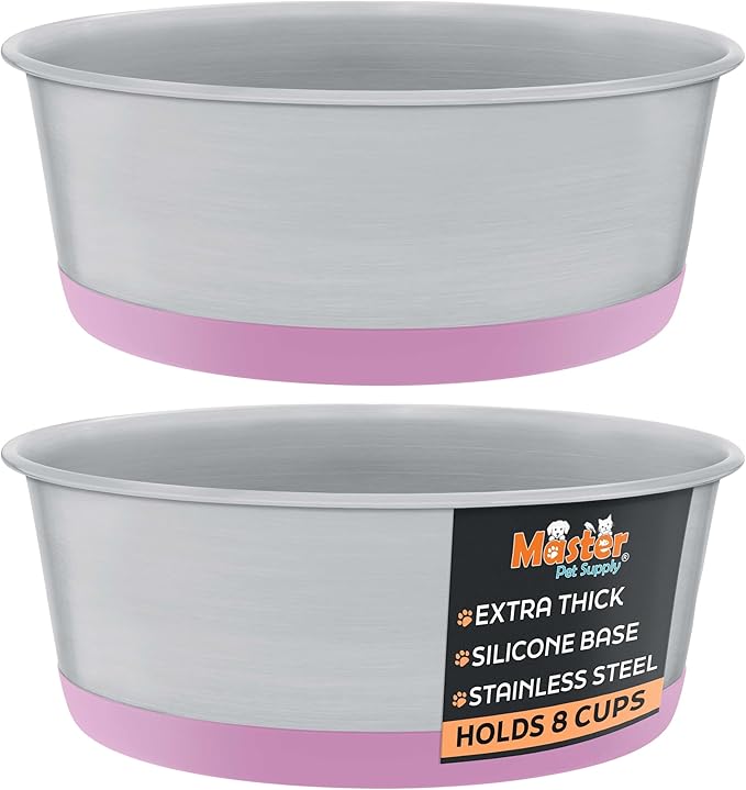 Master Pet Supply Stainless Steel Dog Bowls Set of 2 with Extra Thick Silicone Base - 8 Cup (64 oz) Hyper Pink, Non-Slip, Dishwasher Safe Metal Bowls, Pet Dog Food Bowl for Dogs, Cats, Anti Rust