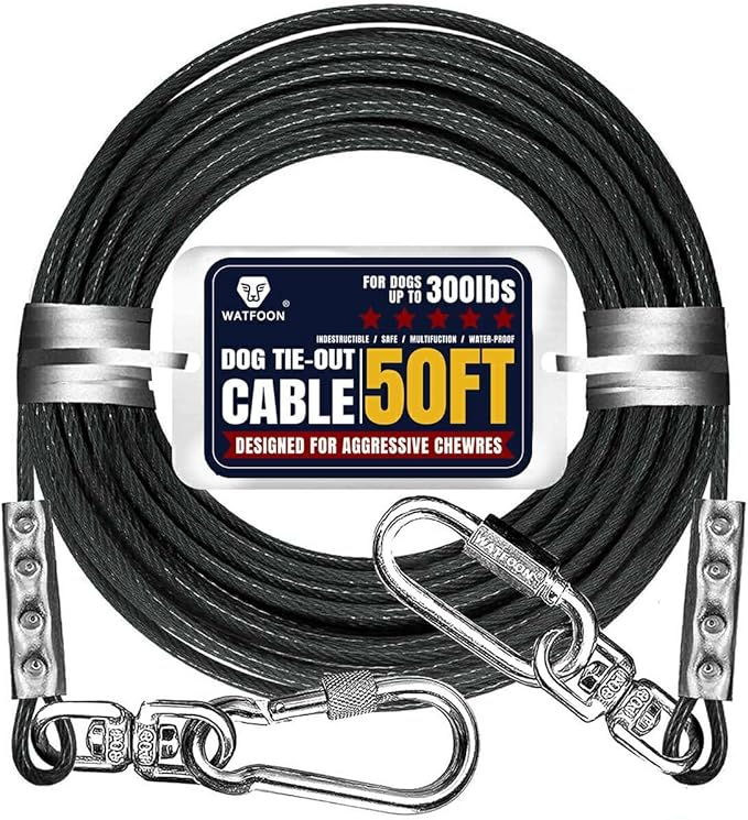 WATFOON 50Ft Dog Tie Out Cable, Training Leads Dog Run Leash for Yard, Reflective Heavy Duty Pet Runner Cable for Dogs Up to 300 Pounds, 1000lbs Break Strength Camping Steel Wire Chain