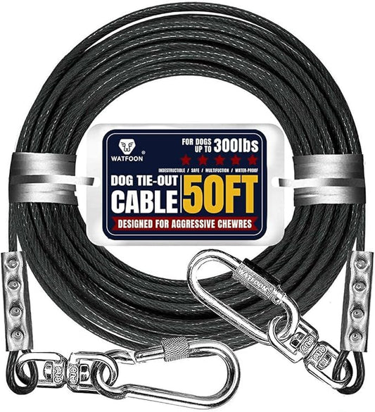 WATFOON 50Ft Dog Tie Out Cable, Training Leads Dog Run Leash for Yard, Reflective Heavy Duty Pet Runner Cable for Dogs Up to 300 Pounds, 1000lbs Break Strength Camping Steel Wire Chain
