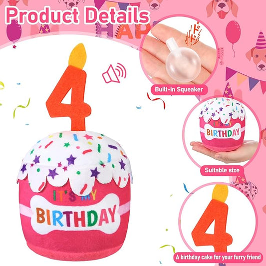 Dog Birthday Cake Toy Accessories for Girl Boy Gifts, Squeaky Plush Toy for Dog Birthday Party Decor Favor for Large, Medium and Small Dogs(4th,Pink)