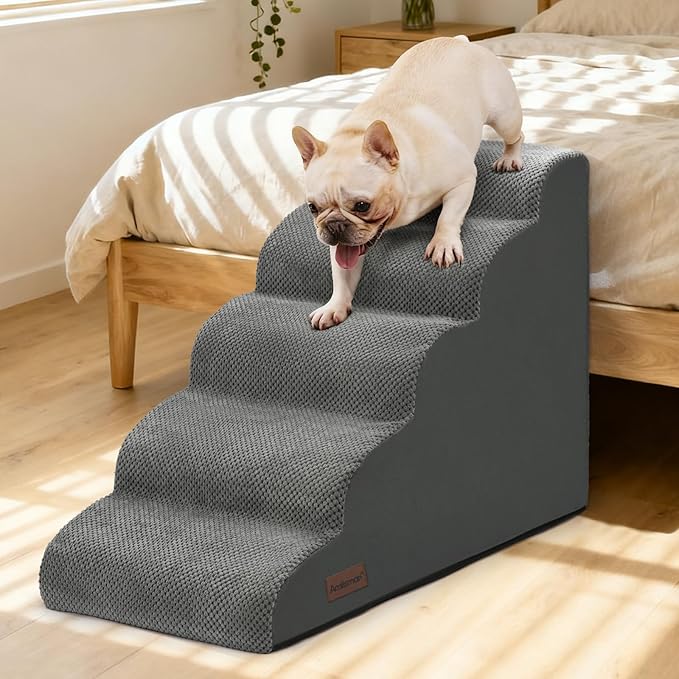 Aodisman Dog Stairs for High Bed,5 Step Dog Ramp for Small and Medium Dogs,Pet Stairs with Non-Slip Bottom for Puppy, Older Cat,Indoor Pet Steps,Comfort,Durable,22.4" H,Grey