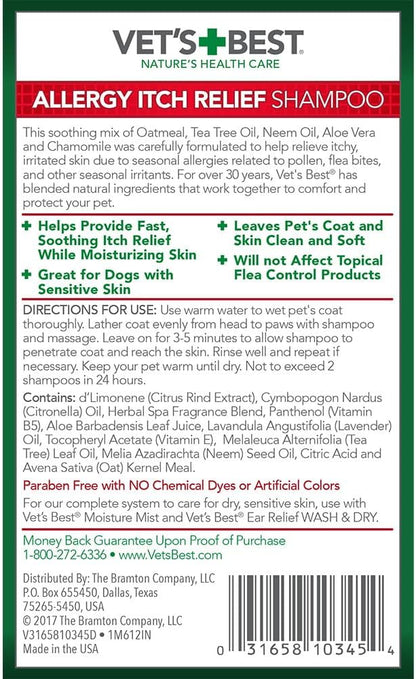 Vet's Best Allergy Itch Relief Dog Shampoo, Oatmeal Dog Shampoo for Itchy Skin, Cleans and Relieves Discomfort from Seasonal Allergies, Anti Itch Dog Shampoo, 16 Oz