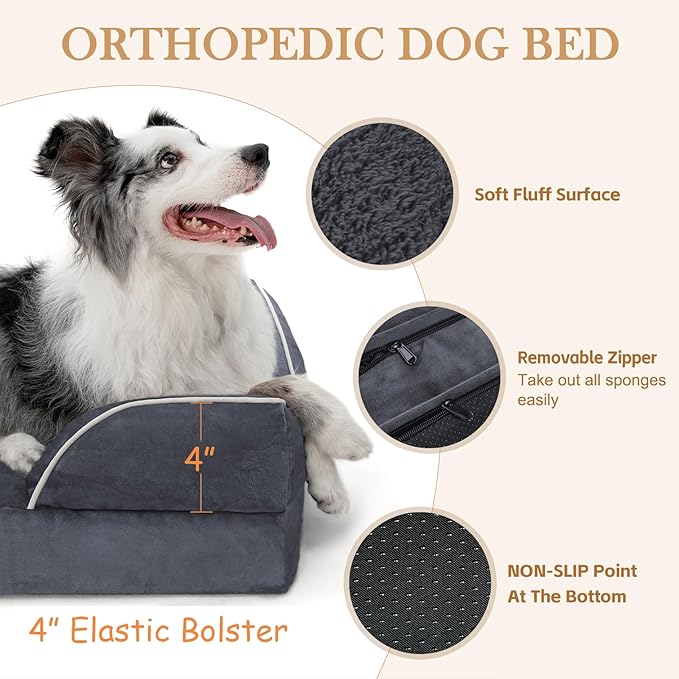 Comfort Expression Orthopedic Dog Bed for Medium Dogs 30x20 Inch, Waterproof Supportive Egg Crate Foam Medium Pet Bed with Removable Bolster, Dog Couch with Washable Cover & Non-Slip Bottom, Dark Grey