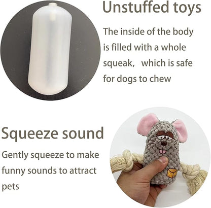 Cute Animal Squeak Dog Toys, No Stuffing Plush Toys, Durable Cotton Rope Chew Toys for Puppy and Small, Medium Dogs, 6 Pack