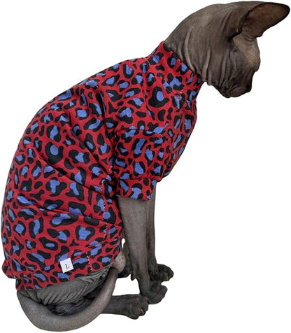Limited Edition Sphynx Cat Cotton T-Shirts Hairless Cat Sweatshirt Pet Kitten Clothes Round Collar Kitten Shirts Vest Cats & Small Dogs Apparel (Blue Red Leopard, S (3.3-4.4 lbs))