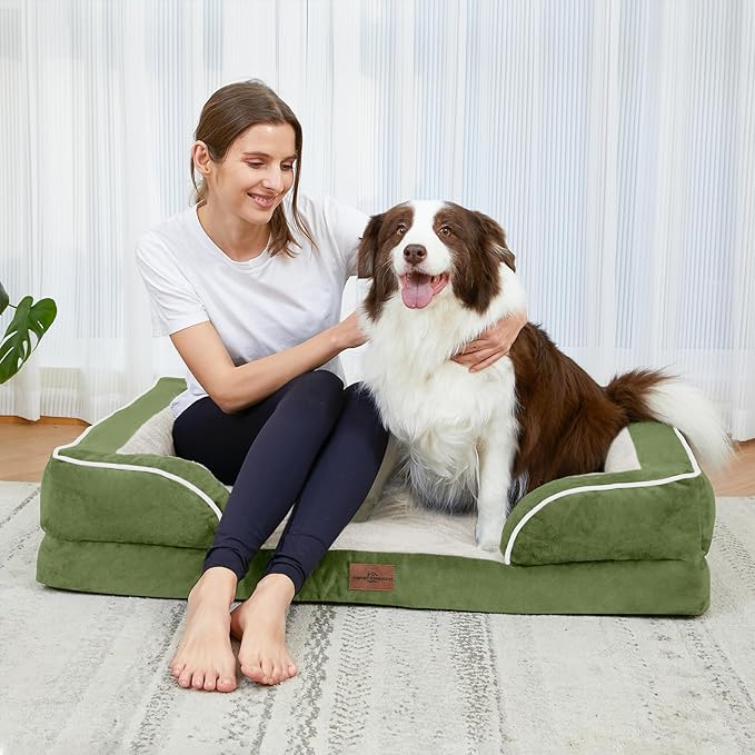 Comfort Expression Orthopedic Dog Bed for Large Dogs 38x25 Inch, Waterproof Supportive Egg Crate Foam Large Pet Bed with Removable Bolster, Dog Couch with Washable Cover & Non-Slip Bottom, Light Green