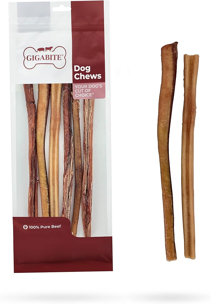 GigaBite Single Ingredient All Natural Free Range Bully Treats and Chews - Bully Sticks/Bladder Sticks/Beef Esophagus by Best Pet Supplies - Bully Sticks (Regular 12"), Pack of 6