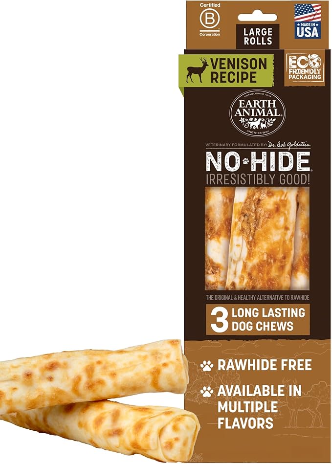 Earth Animal No Hide Chews - Long Lasting Rawhide Free Large Dog Chews Rolls, Venison - 3 Count Value Pack