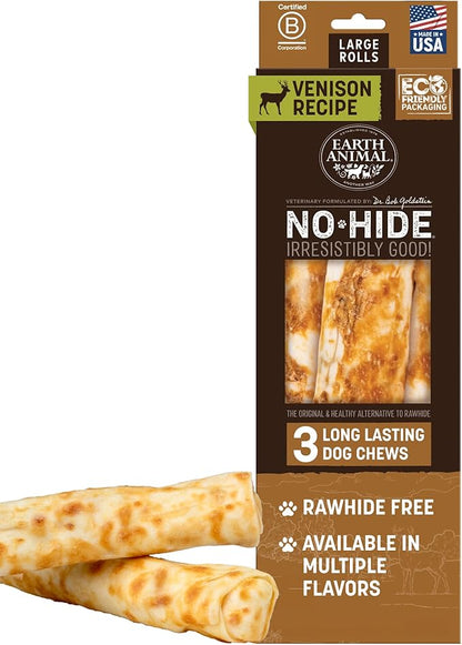 Earth Animal No Hide Chews - Long Lasting Rawhide Free Large Dog Chews Rolls, Venison - 3 Count Value Pack