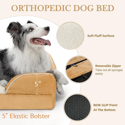 Comfort Expression Orthopedic Dog Bed for Extra Large Dogs 42x30 Inch, Waterproof Supportive Egg Crate Foam XL Pet Bed with Removable Bolsters, Dog Couch with Washable Cover & Non-Slip Bottom, Caramel