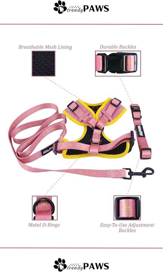 TrendyPaws Dog Harness, Collar and Leash Set, Breathable Mesh, S/M/L Sizes (Rose Gold, Large)