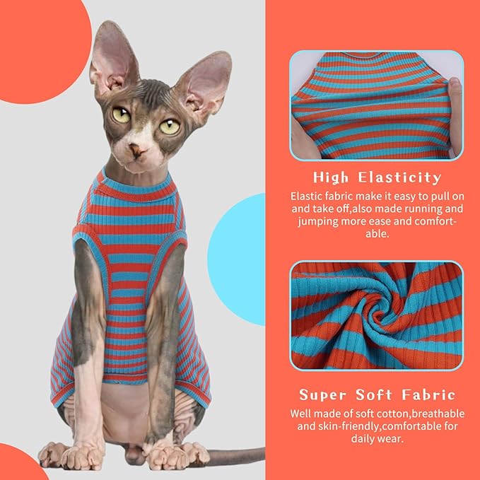 BRKURLEG Hairless Cats T Shirt, Cat Sweaters, Pullover Kitten Shirts, Sleeveless Round Collar Cotton Vest for Cornish Rex Devon Rex Peterbald and Small Dogs Sweater(OrangeBlue Stripes, XL)