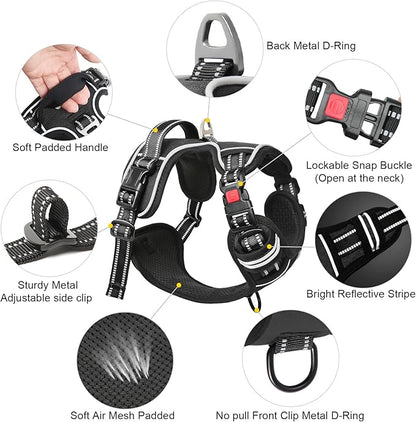 Timos Dog Harness, 3 Snap Buckles No-Pull Soft Padded Dog Vest with 2 Metal Leash Clips, Adjustable Reflective No Choke Pet Harness with Easy Control Handle for Small Dogs,Black,S