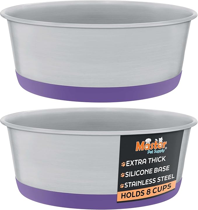 Master Pet Supply Stainless Steel Dog Bowls Set of 2 with Extra Thick Silicone Base - 8 Cup (64 oz) Plum Crazy, Non-Slip, Dishwasher Safe Metal Bowls, Pet Dog Food Bowl for Dogs, Cats, Anti Rust