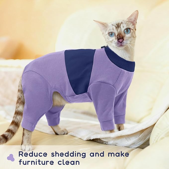 QBLEEV Cat Clothes, Soft Cat Sweaters for Cats Only, Kitten Surgery Recovery Suit Onesie Pajamas, Four Legs Cats Shirts Apparel Clothing for Hair Loss Prevention, Purple, M