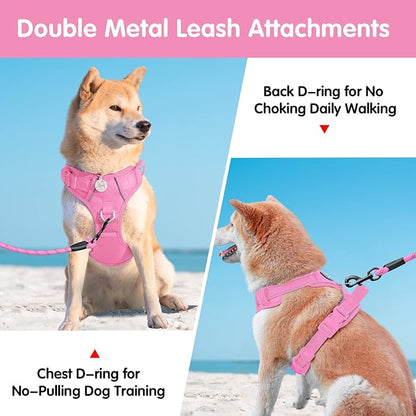 PoyPet No Pull Dog Harness and 5 Feet Leash Set, Release on Neck Reflective Adjustable Pet Vest, Front & Back 2 D-Ring and Soft Padded Pet Harness with Handle for Small to Large Dogs(Pink,S)