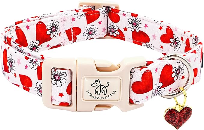 Elegant little tail Valentine's Dog Collar, Flower Pink Heart Dog Collar for Small Dogs, Female or Male Adjustable Cotton Pet Collar with Quick Release Buckle for Small Medium Large Dogs