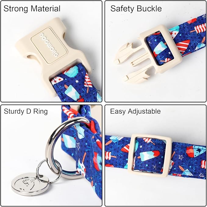 DOGWONG Cotton Dog Collar, Popcile Summer Dog Collar Durable Soft Natural Fabric Pet Dog Collar Cute Blue Ice Cream Puppy Necklace for Small Medium Large Dogs