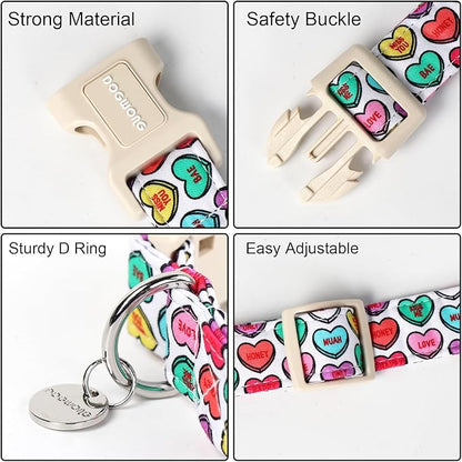 DOGWONG Valentine's Dog Collar, XL Heart Candy, Soft Cotton, Adjustable, Valentine's Day Design, Small & Medium Dogs