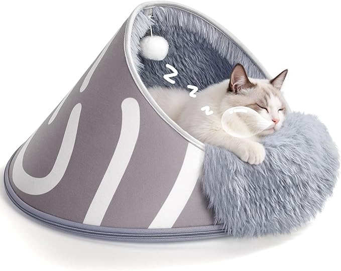 BurgeonNest 20-Inch Round Cat Bed Cave, Enclosed Hooded Pet Bed for Indoor Cats, Cozy Anti-Collapse Cave with Soft Plush, Waterproof EVA Shell, Fully Washable, Shape Retention, Grey