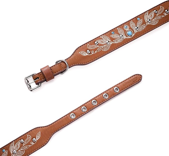 Blueberry Pet Western Dog Collar in Canyon Brown - 12-15 Inch Necks Floral-Embroidered Leather with Turquoise Studs, Dog Collars for Small Dogs, Adjustable Leather Girl Dog Collar