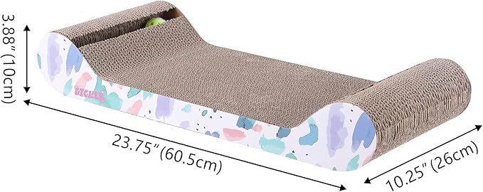 The LICKER Store CSR1003A Rini 23.75" Modern Cardboard Lounge Bed Cat Scratcher with Built-in Bell Toys and Catnip, White/Multi