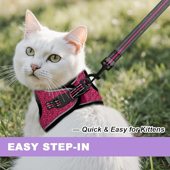 Cat Harness and Leash Set,Escape Proof Kitten Harness,Step in Adjustable Soft Lightweight,Easy Control,Reflective Strips Comfortable for Walking Travel(Pink/Black,S)