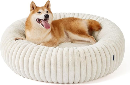 Bedsure ComfyFleece Donut Large Dog Bed - Washable Faux Fur with Corduroy Fleece & Anti Slip Bottom, Round Pet Bed with Removable Cover, Cream, 36x36x8 inches