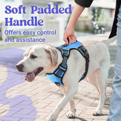 rabbitgoo Dog Harness for Large Dogs, No Pull Pet Harness with Soft Padded Handle, Adjustable Reflective Vest with 3 Buckles, Easy Walking Harness with 2 Leash Clips, Light Blue, XL