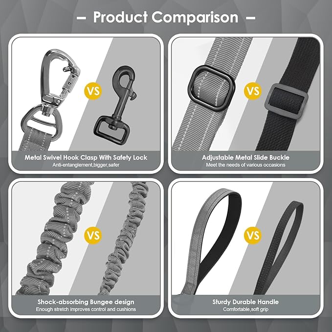 AUBELL Tactical Dog Leash Heavy Duty,4-6ft Reflective Strong No Pull Bungee Leash for Medium Large Dogs with Comfortable Padded Double Handle,Car Seat Belt,360 Degree Rotating Carabiner,Grey