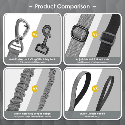 AUBELL Tactical Dog Leash Heavy Duty,4-6ft Reflective Strong No Pull Bungee Leash for Medium Large Dogs with Comfortable Padded Double Handle,Car Seat Belt,360 Degree Rotating Carabiner,Grey