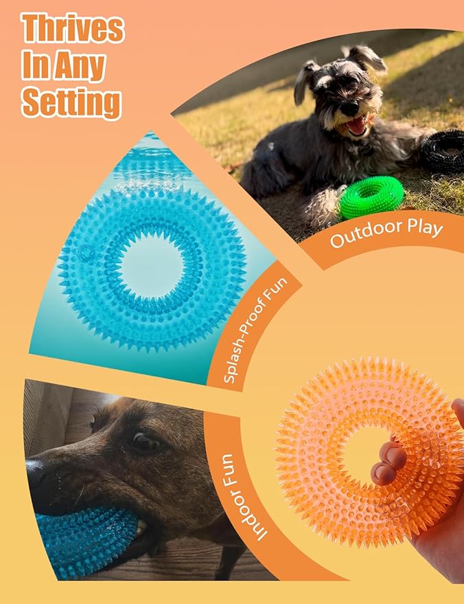 ADUCK Dog Squeaky Chew Toys for Aggressive Chewers, Small Medium Large Dogs Teeth Cleaning Soft Natural Rubber Float Toy for Indoor Outdoor Water Pool, Donut Ring Design 4.92 inch, Crystal Orange