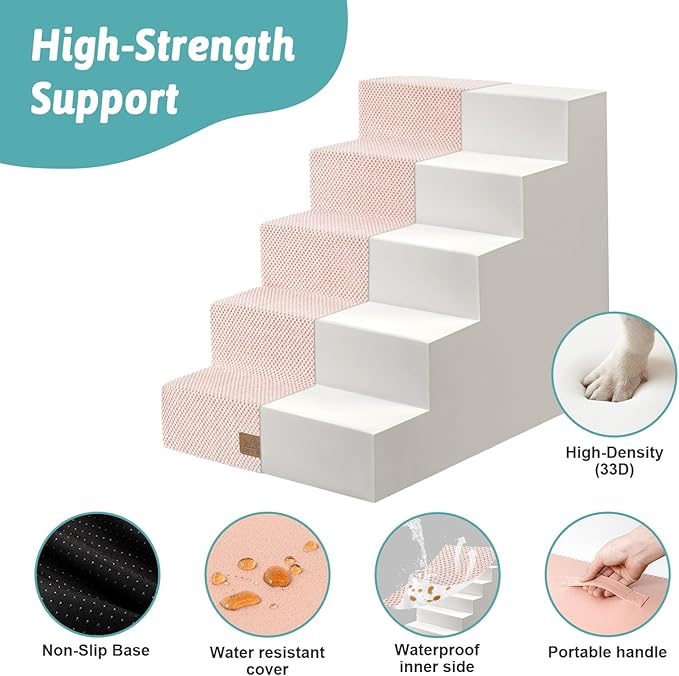 COZY KISS Dog Stairs for Small Dogs 5-Step, 19.7" Extra Wide Right-Angle Pet Stairs for Couch and Beds, Anti-Slip Dog Steps for Old Cats and Lowrider, 19.7x29.5x23.6 inch, Pink