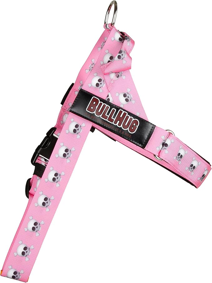 BULLHUG Adjustable Dog Harness– No Pull, No Choke – for English Bulldogs, French Bulldogs, Pugs & Broad-Chested Breeds – Easy, Safe Walks (Pink Skull, Medium)