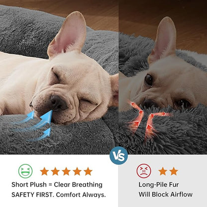 OhGeni 31 inches Calming Donut Orthopedic Dog & Cat Bed for Medium Pets, Warming Comfort Fluffy Short Pile Fur, Durable Waterproof Machine Washable Removable Cover, Cute Round Bed for Puppy, Dark Gray