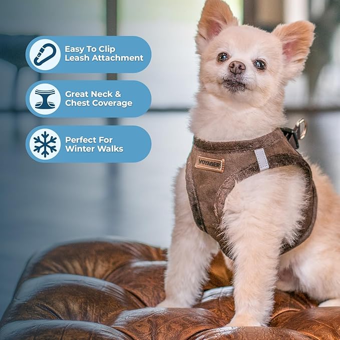 Best Pet Supplies - All Weather Plush, Reflective, No Pull Harness for Small, Medium Dogs, Cats - Secure with Hook & Loop Fastener, Buckle, Double D-Rings - Chocolate Suede, M
