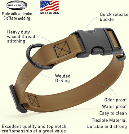 Dogline Biothane Waterproof Dog Collar with Quick Release Buckle Strong Coated Nylon Webbing with Odor- Proof for Easy Care Easy to Clean Fits Small Medium Large Dogs, Coyote Brown 1" W 15-25" L