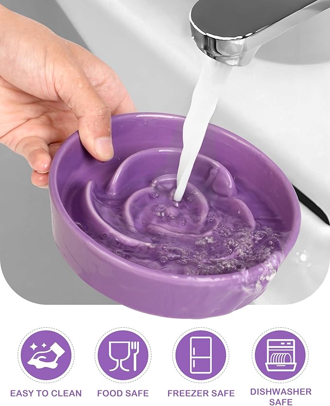 TRUVIC Ceramic Slow Feeder Dog Bowls Small Breed, 0.6 Cup Slow Feeder Cat Bowls for Fast Eaters, Ceramic Dog Food Dish no Black Chin, Puzzle Bowl for Small Dogs and Cats, Purple