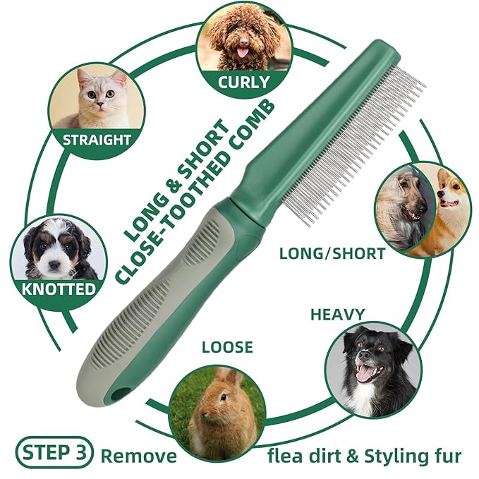 KUEIOX Pet Grooming Kit - 7 PCS Green Deshedding Brush Set with Undercoat Rake, Slicker Brush, Bath Brush & Nail Clipper for Short & Long-Haired Dogs and Cats