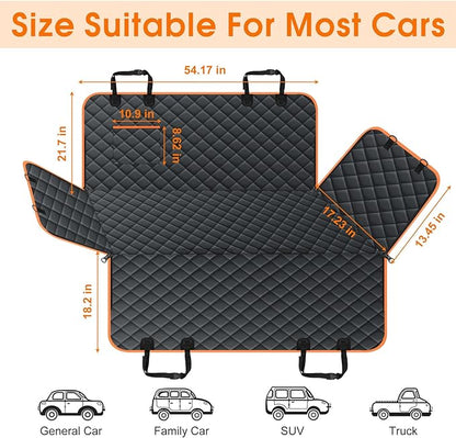 NECKORY Waterproof Dog Car Seat Cover for Back Seat - Durable, Scratch Proof Pet Hammock with Nonslip Design & Storage Pockets, Fits Cars, SUVs, Trucks- S, Black/Orange