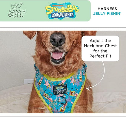 Sassy Woof Dog Adjustable Harness - Spongebob Squarepants™ Jelly Fishin' - XS, Breathable Mesh, No Pull Design with Two D-Rings, Patented Design, Perfect for Small Dogs - Officially Licensed