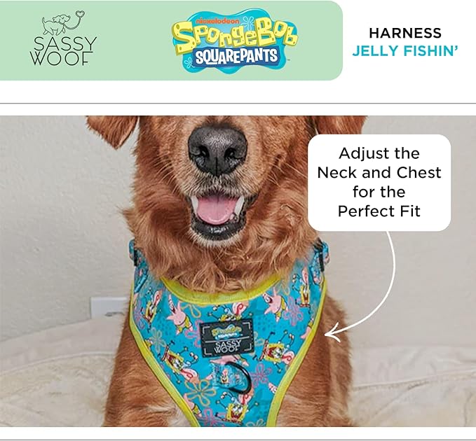Sassy Woof Dog Adjustable Harness - Spongebob Squarepants™ Jelly Fishin' - S, Breathable Mesh, No Pull Design with Two D-Rings, Patented Design, Perfect for Small Dogs - Officially Licensed