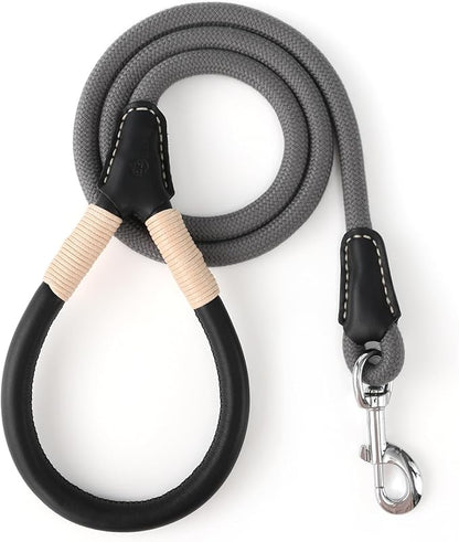 Mile High Life Genuine Leather Wrapped Handle Dog Leash, w Heavy Duty Clasp Rope Leash for Small Medium Large Dogs (Gray, 4FT)