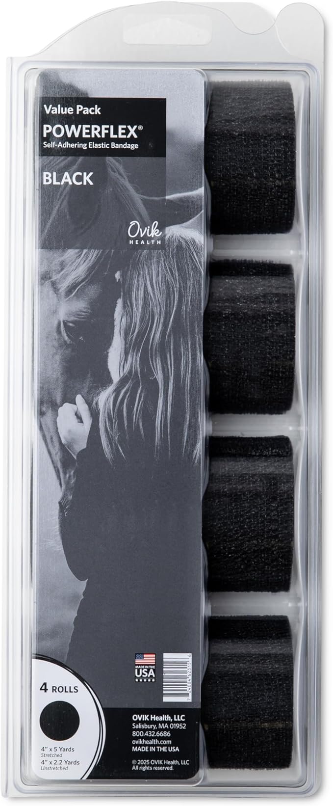 PowerFlex Equine – Extra Strong Self-Adhering Bandage Wrap – Wound Care, Compression & Support Bandage for Horses, Cows & Dogs – Black, 4 inch, 4 Rolls (Resealable Case)