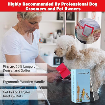 Dog Slicker Brush & Stainless Steel Comb Set for Shedding & Grooming Medium & Large Long or Thick Coated Dogs, Doodles & Cats, 1 Inch Pin Slicker Brush with Ergonomic Wooden Handle, Red
