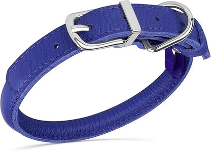 OOPSDOGGY Rolled Leather Dog Collar Soft Roll Collars for Small Medium Large Dogs Puppy (Navy Blue, M, 12"-15")